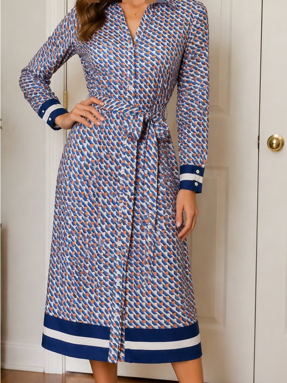 Skies Are Blue Blue, White and Rust Geo Midi Shirt Dress